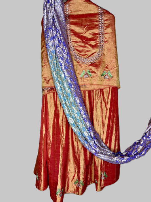 Shaded yellow Lehenga with unstitched blouse and dupatta - Tiasha 