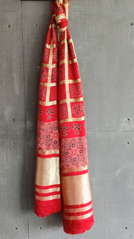 Red Ajrakh Golden Checks Dupatta - Tiasha 