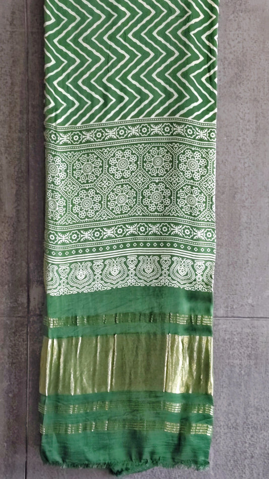 Green Leheriya with Ajrakh Dupatta - Tiasha 