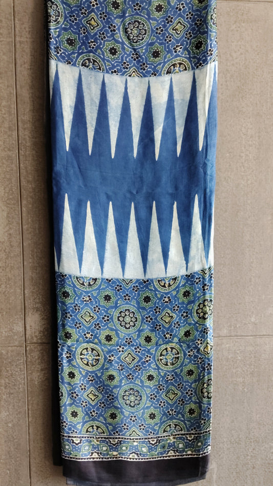 Indigo Block print Ajrakh Dupatta without Tissue border - Tiasha 