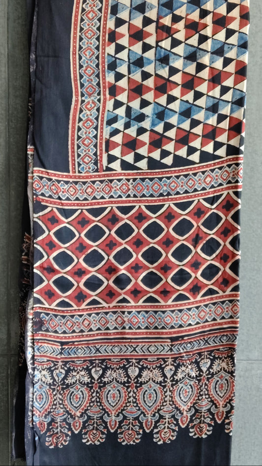 Maroon and Black Block print Ajrakh Dupatta without Tissue border - Tiasha 