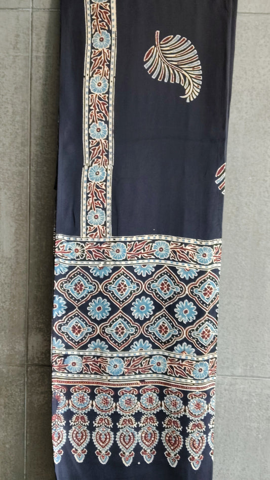 Black Block print Ajrakh Dupatta without Tissue border - Tiasha 