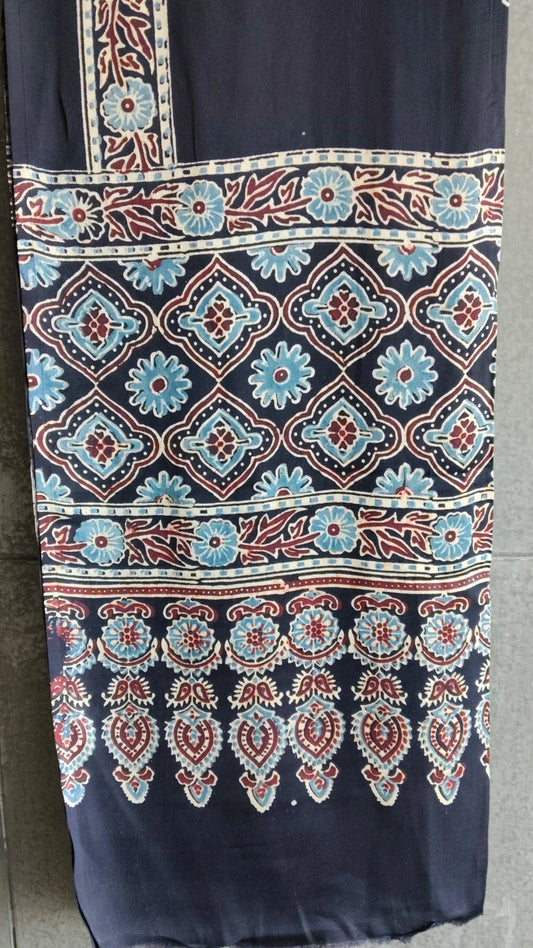 Black Block print Ajrakh Dupatta without Tissue border - Tiasha 
