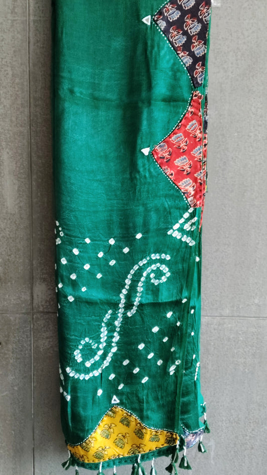 Green Patchwork Bandhej Dupatta - Tiasha 